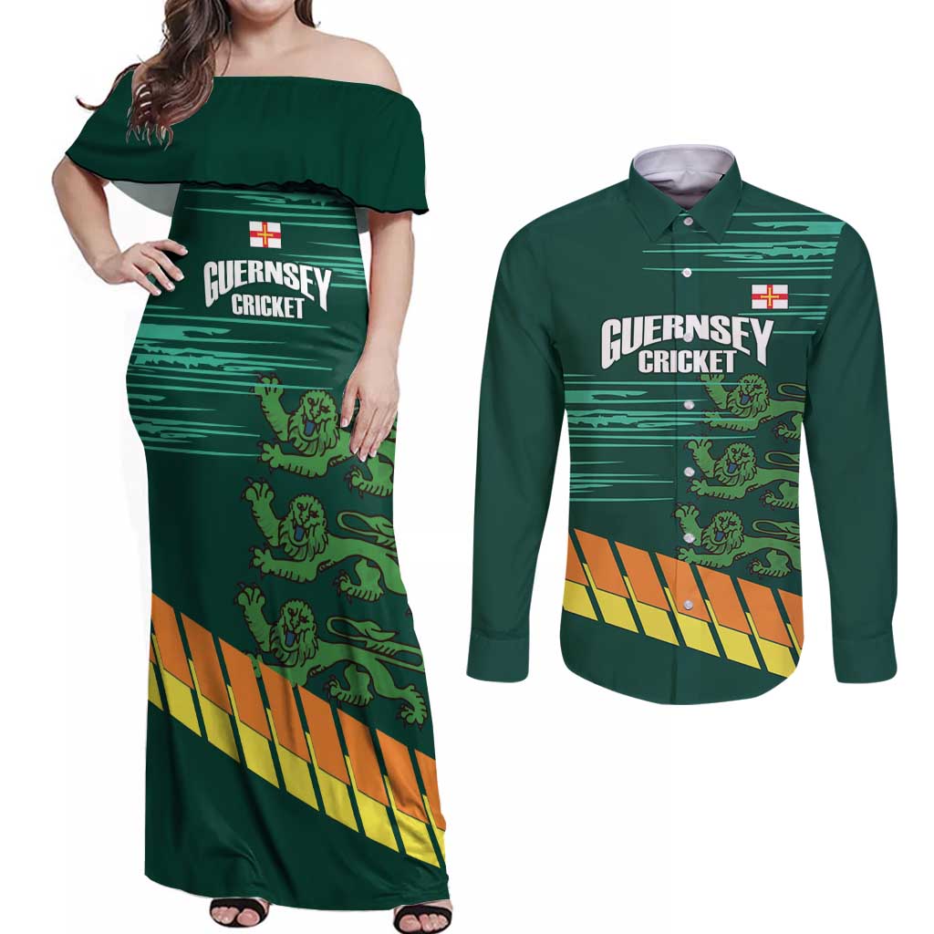 Custom Guernsey Cricket Couples Matching Off Shoulder Maxi Dress and Long Sleeve Button Shirt Go Champions - Wonder Print Shop
