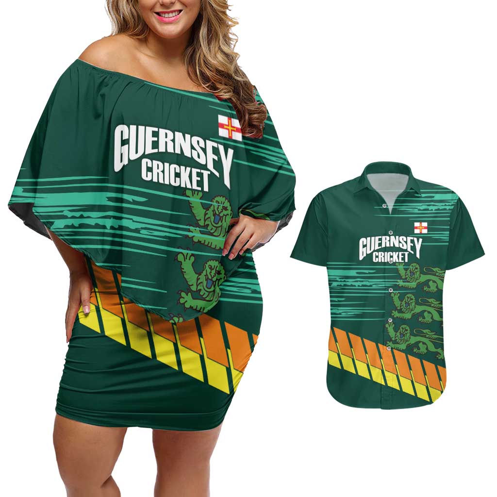 Custom Guernsey Cricket Couples Matching Off Shoulder Short Dress and Hawaiian Shirt Go Champions - Wonder Print Shop