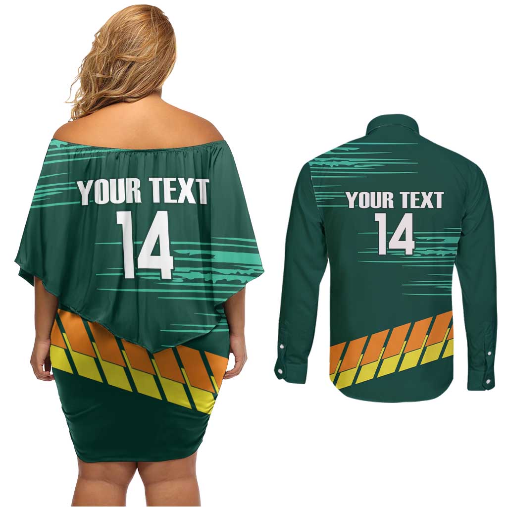 Custom Guernsey Cricket Couples Matching Off Shoulder Short Dress and Long Sleeve Button Shirt Go Champions - Wonder Print Shop