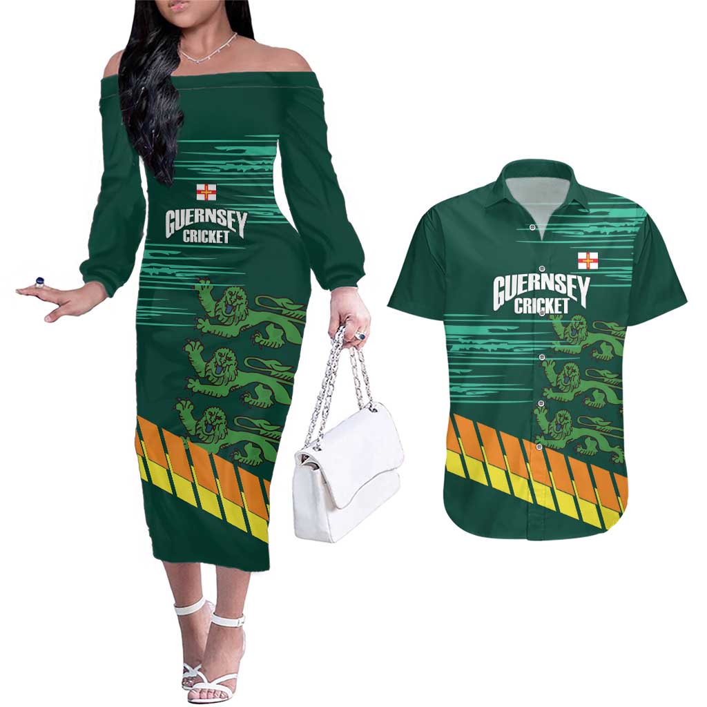 Custom Guernsey Cricket Couples Matching Off The Shoulder Long Sleeve Dress and Hawaiian Shirt Go Champions - Wonder Print Shop