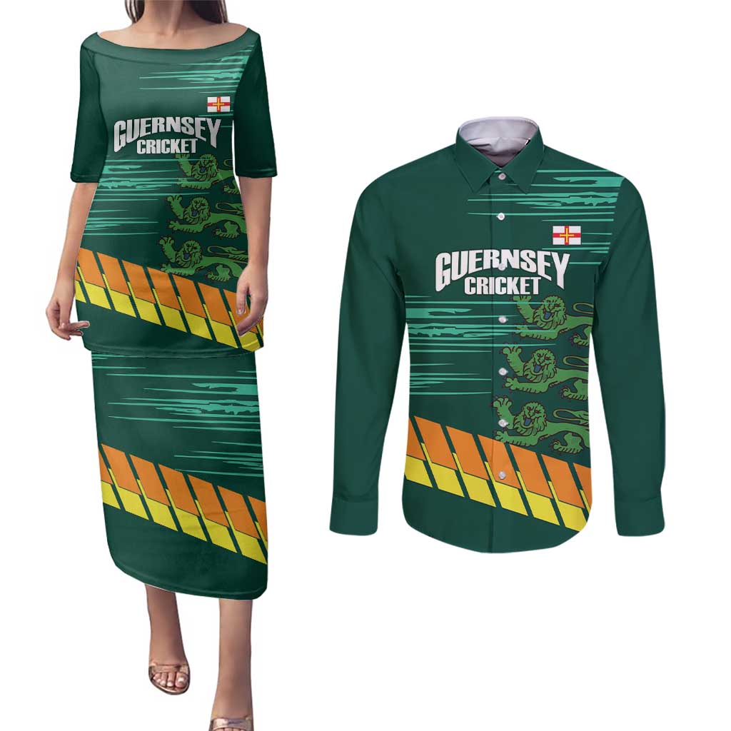 Custom Guernsey Cricket Couples Matching Puletasi and Long Sleeve Button Shirt Go Champions - Wonder Print Shop