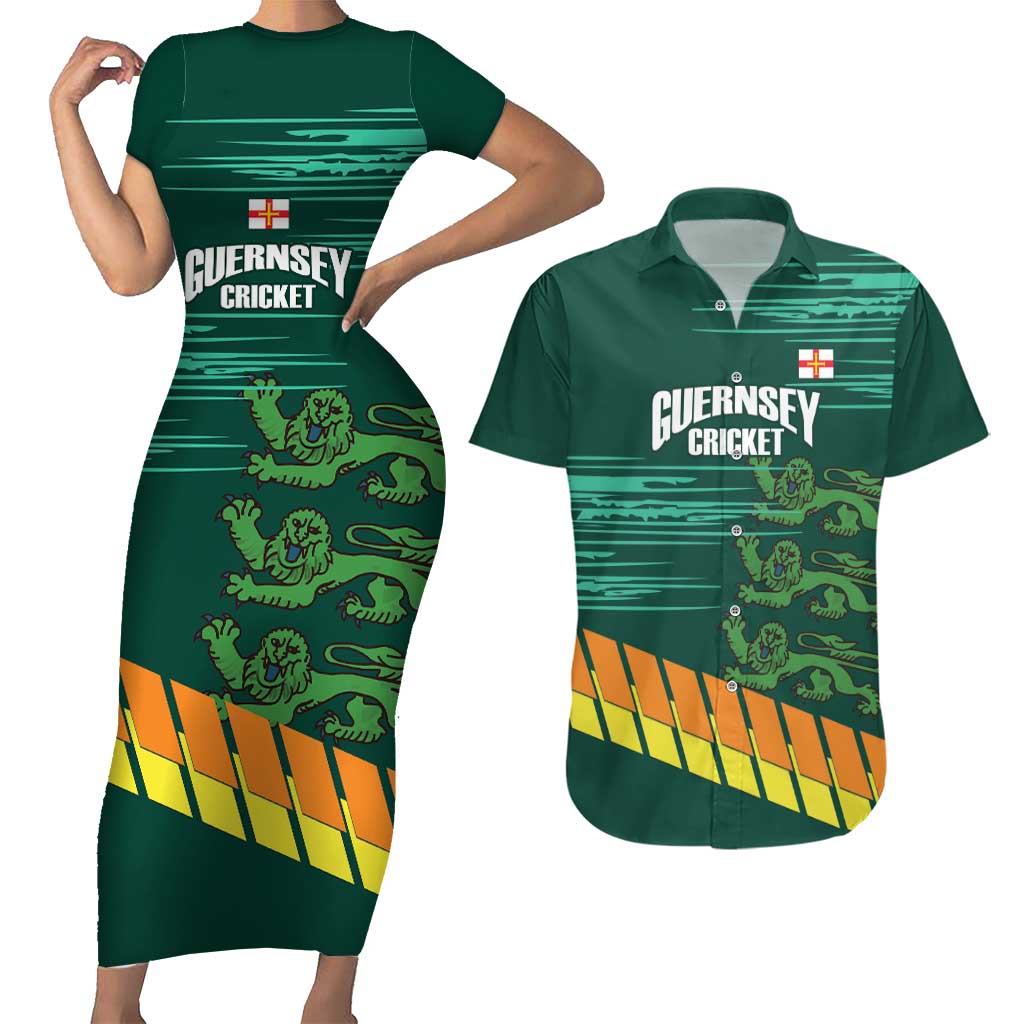 Custom Guernsey Cricket Couples Matching Short Sleeve Bodycon Dress and Hawaiian Shirt Go Champions - Wonder Print Shop