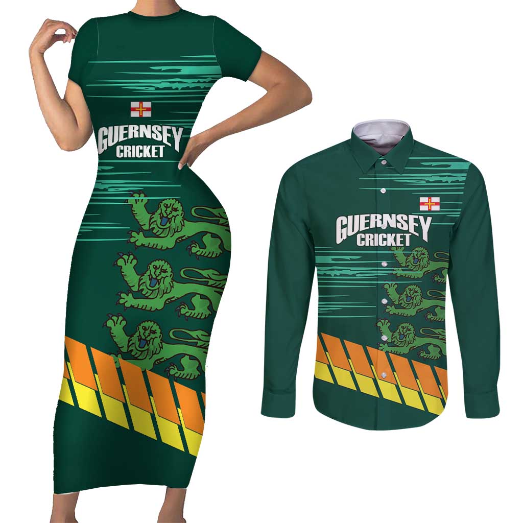 Custom Guernsey Cricket Couples Matching Short Sleeve Bodycon Dress and Long Sleeve Button Shirt Go Champions - Wonder Print Shop