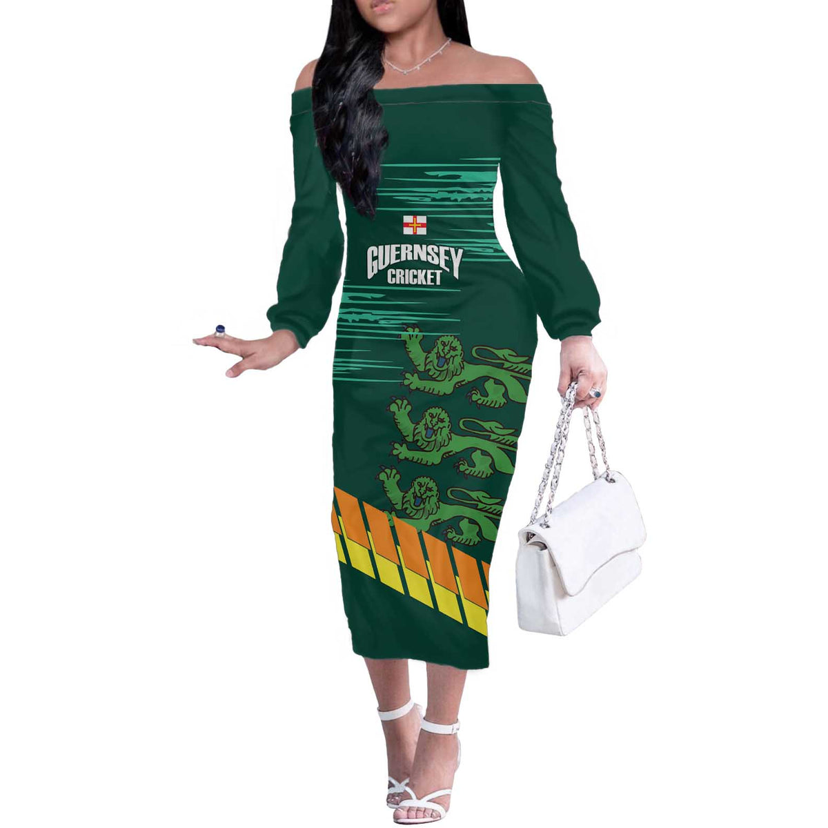 Custom Guernsey Cricket Off The Shoulder Long Sleeve Dress Go Champions - Wonder Print Shop
