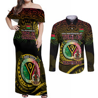 Personalised Vanuatu Couples Matching Off Shoulder Maxi Dress and Long Sleeve Button Shirts Yumi 43 Hapi Independens Dei Black Version - Wonder Print Shop