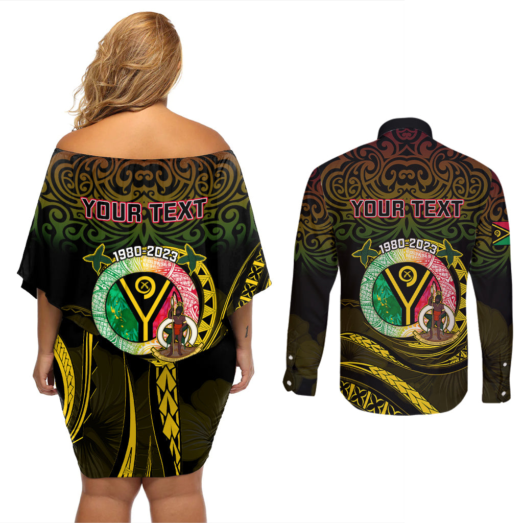 Personalised Vanuatu Couples Matching Off Shoulder Short Dress and Long Sleeve Button Shirts Yumi 43 Hapi Independens Dei Black Version - Wonder Print Shop