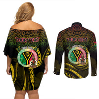 Personalised Vanuatu Couples Matching Off Shoulder Short Dress and Long Sleeve Button Shirts Yumi 43 Hapi Independens Dei Black Version - Wonder Print Shop
