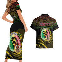 Personalised Vanuatu Couples Matching Short Sleeve Bodycon Dress and Hawaiian Shirt Yumi 43 Hapi Independens Dei Black Version - Wonder Print Shop