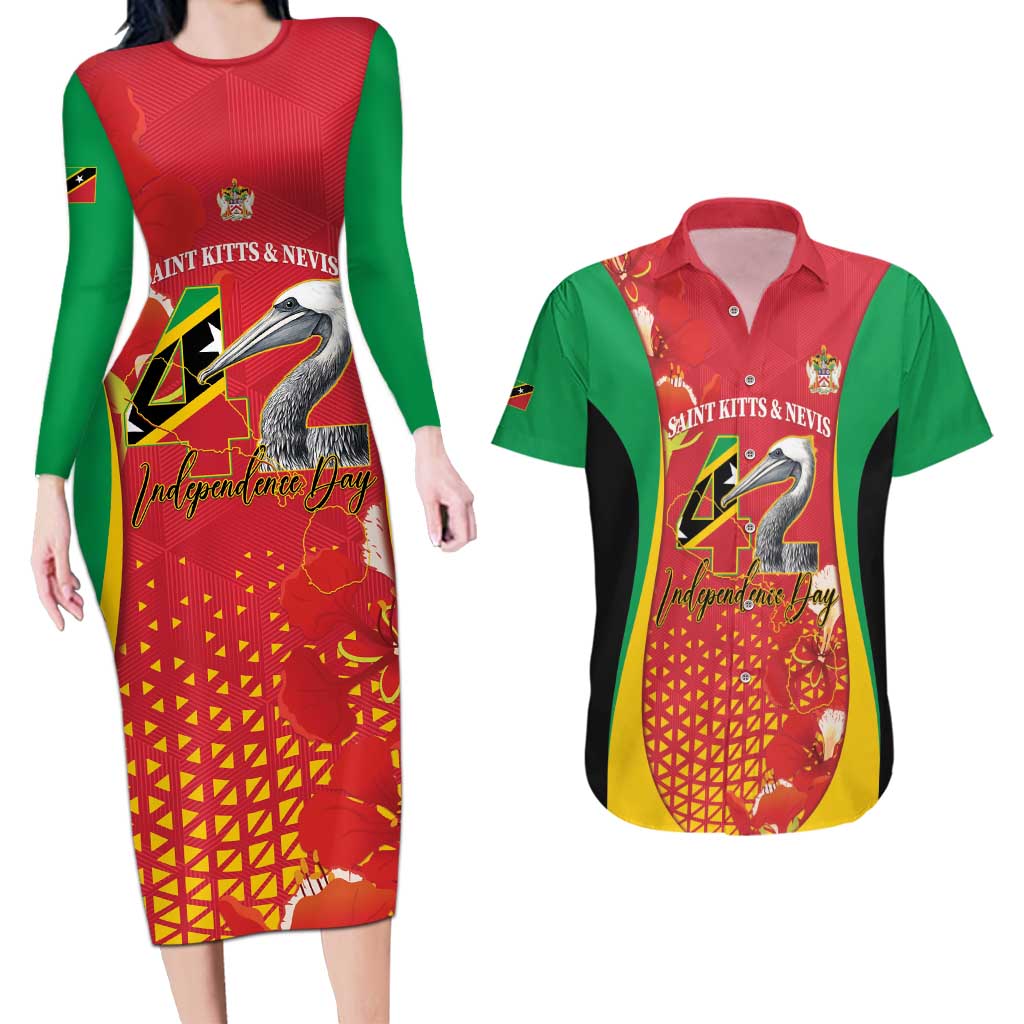 Personalized Saint Kitts and Nevis Couples Matching Long Sleeve Bodycon Dress and Hawaiian Shirt Pelican 42nd Independence Anniversary - Wonder Print Shop