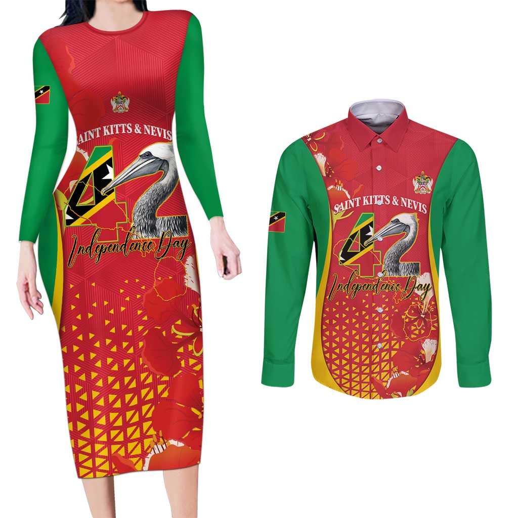 Personalized Saint Kitts and Nevis Couples Matching Long Sleeve Bodycon Dress and Long Sleeve Button Shirt Pelican 42nd Independence Anniversary - Wonder Print Shop