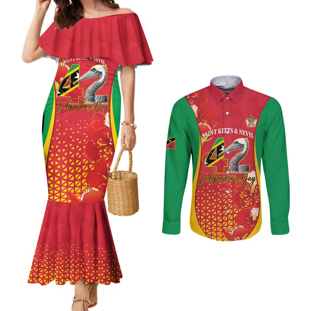 Personalized Saint Kitts and Nevis Couples Matching Mermaid Dress and Long Sleeve Button Shirt Pelican 42nd Independence Anniversary - Wonder Print Shop