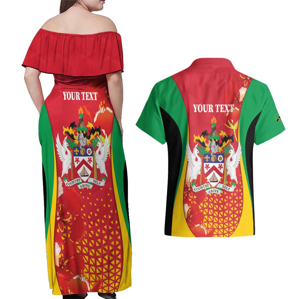 Personalized Saint Kitts and Nevis Couples Matching Off Shoulder Maxi Dress and Hawaiian Shirt Pelican 42nd Independence Anniversary - Wonder Print Shop