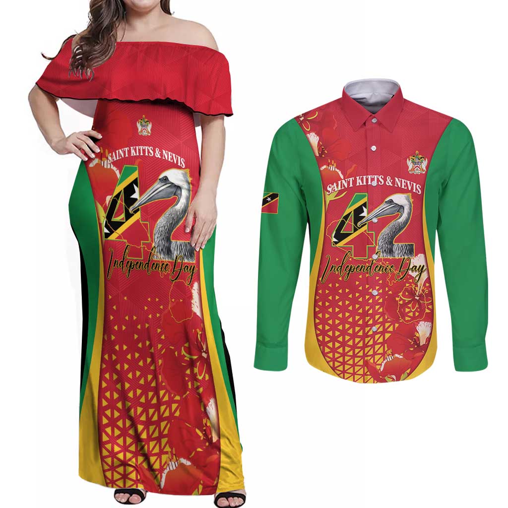 Personalized Saint Kitts and Nevis Couples Matching Off Shoulder Maxi Dress and Long Sleeve Button Shirt Pelican 42nd Independence Anniversary - Wonder Print Shop