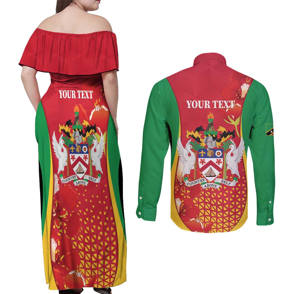 Personalized Saint Kitts and Nevis Couples Matching Off Shoulder Maxi Dress and Long Sleeve Button Shirt Pelican 42nd Independence Anniversary - Wonder Print Shop