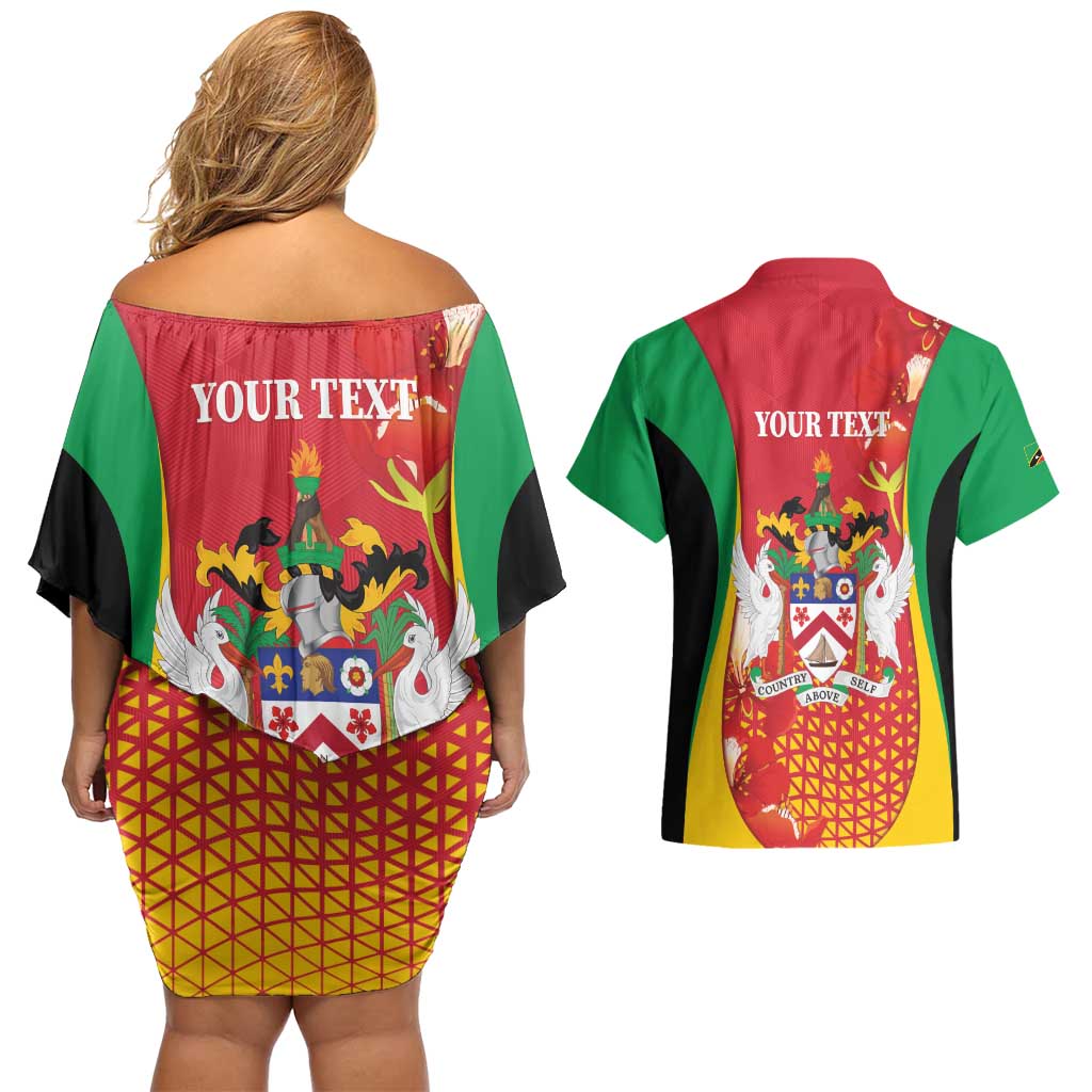 Personalized Saint Kitts and Nevis Couples Matching Off Shoulder Short Dress and Hawaiian Shirt Pelican 42nd Independence Anniversary - Wonder Print Shop