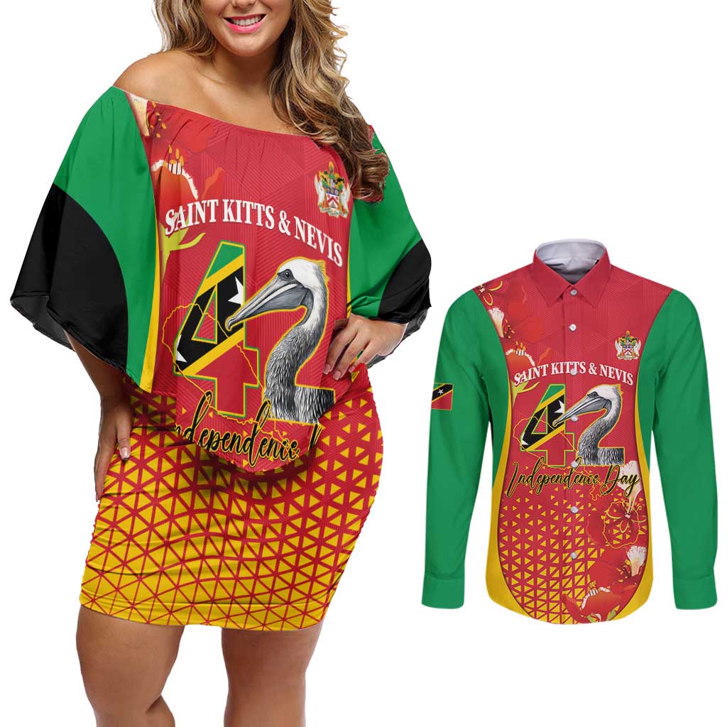 Personalized Saint Kitts and Nevis Couples Matching Off Shoulder Short Dress and Long Sleeve Button Shirt Pelican 42nd Independence Anniversary - Wonder Print Shop