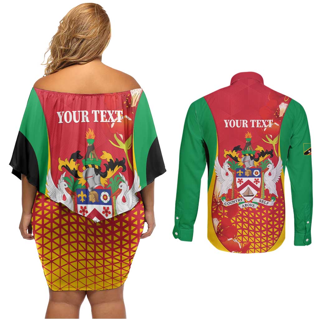 Personalized Saint Kitts and Nevis Couples Matching Off Shoulder Short Dress and Long Sleeve Button Shirt Pelican 42nd Independence Anniversary - Wonder Print Shop
