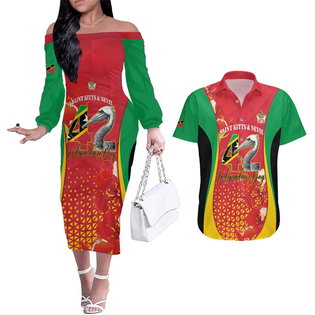 Personalized Saint Kitts and Nevis Couples Matching Off The Shoulder Long Sleeve Dress and Hawaiian Shirt Pelican 42nd Independence Anniversary - Wonder Print Shop