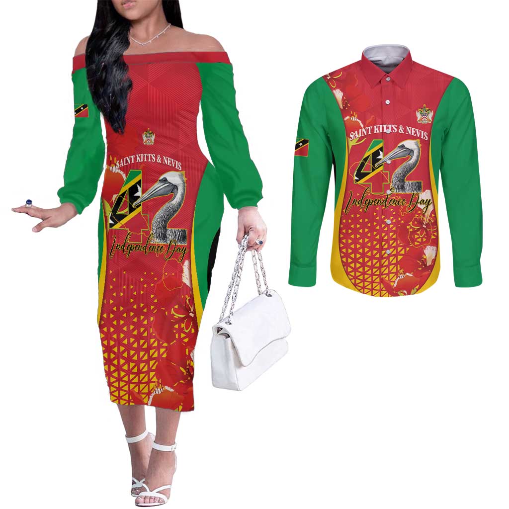 Personalized Saint Kitts and Nevis Couples Matching Off The Shoulder Long Sleeve Dress and Long Sleeve Button Shirt Pelican 42nd Independence Anniversary - Wonder Print Shop