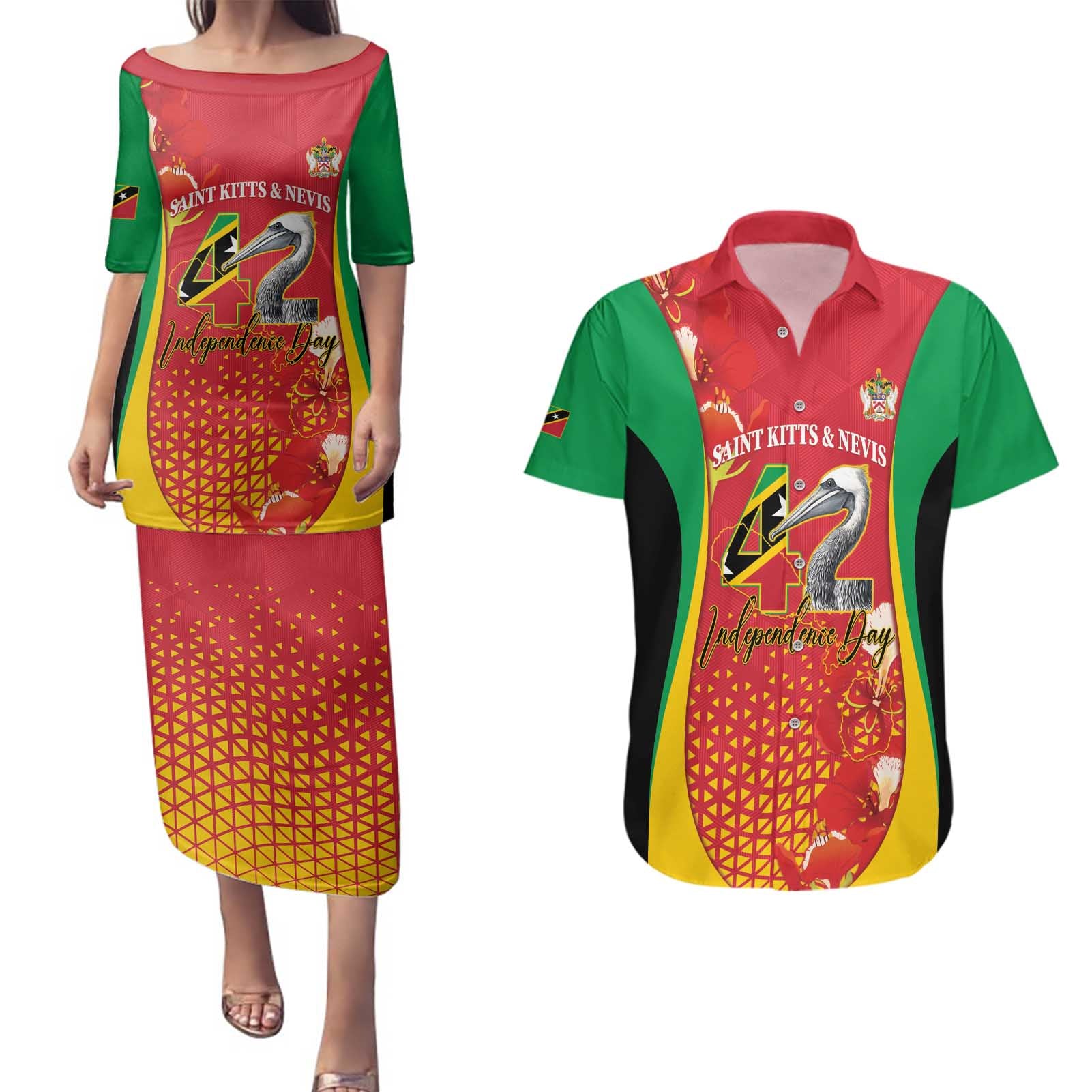 Personalized Saint Kitts and Nevis Couples Matching Puletasi and Hawaiian Shirt Pelican 42nd Independence Anniversary - Wonder Print Shop