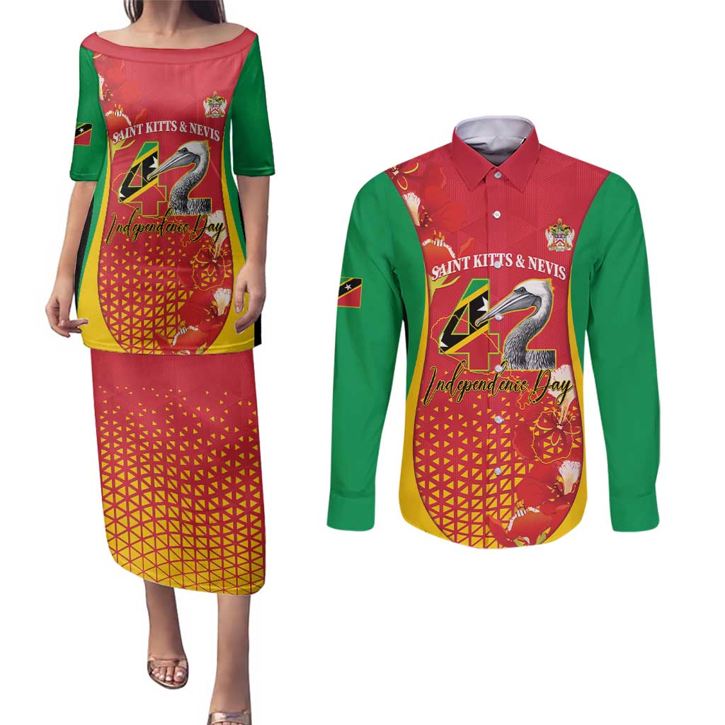 Personalized Saint Kitts and Nevis Couples Matching Puletasi and Long Sleeve Button Shirt Pelican 42nd Independence Anniversary - Wonder Print Shop