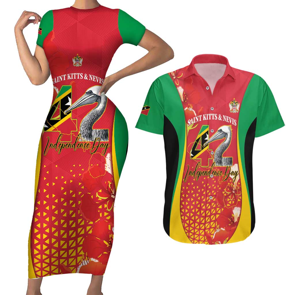 Personalized Saint Kitts and Nevis Couples Matching Short Sleeve Bodycon Dress and Hawaiian Shirt Pelican 42nd Independence Anniversary - Wonder Print Shop