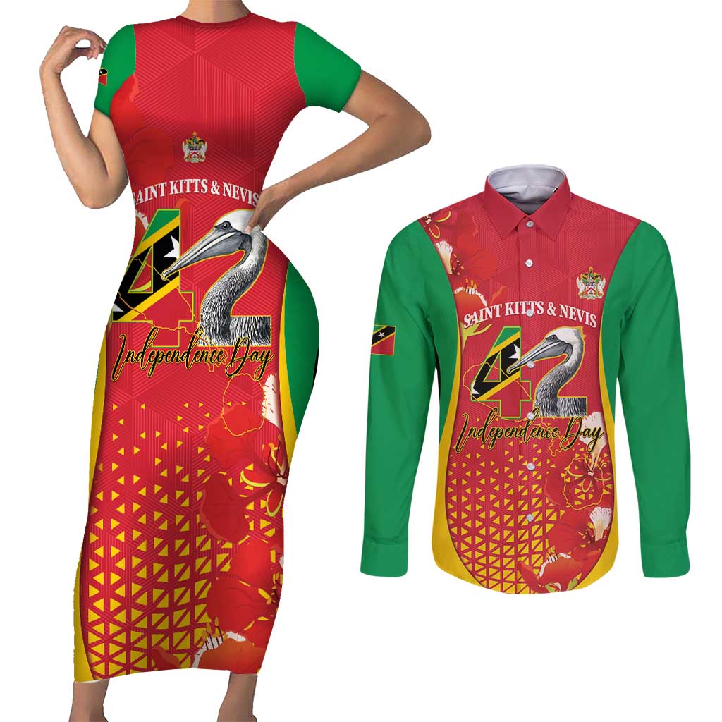 Personalized Saint Kitts and Nevis Couples Matching Short Sleeve Bodycon Dress and Long Sleeve Button Shirt Pelican 42nd Independence Anniversary - Wonder Print Shop