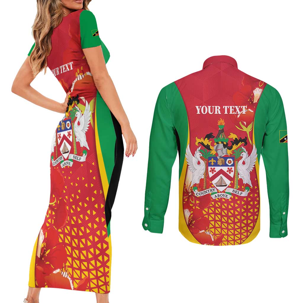 Personalized Saint Kitts and Nevis Couples Matching Short Sleeve Bodycon Dress and Long Sleeve Button Shirt Pelican 42nd Independence Anniversary - Wonder Print Shop