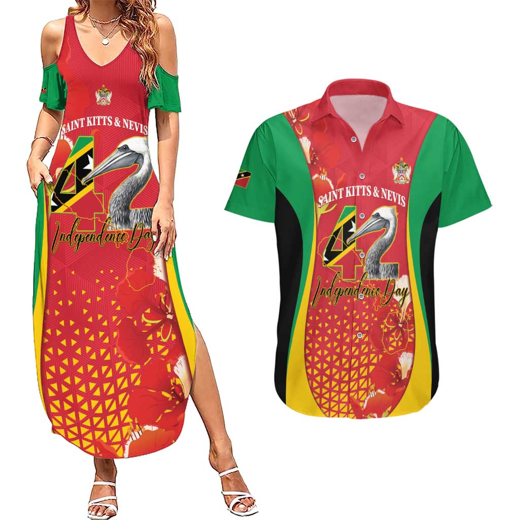 Personalized Saint Kitts and Nevis Couples Matching Summer Maxi Dress and Hawaiian Shirt Pelican 42nd Independence Anniversary - Wonder Print Shop