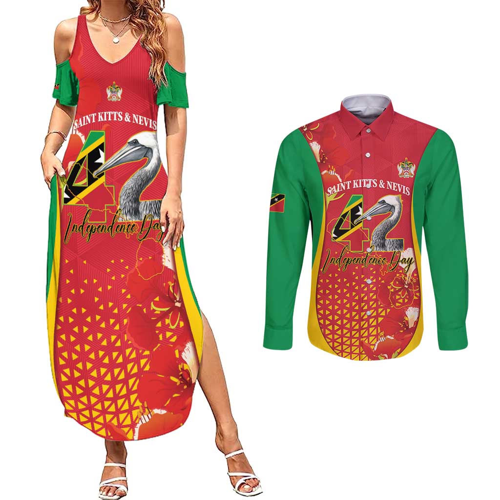 Personalized Saint Kitts and Nevis Couples Matching Summer Maxi Dress and Long Sleeve Button Shirt Pelican 42nd Independence Anniversary - Wonder Print Shop