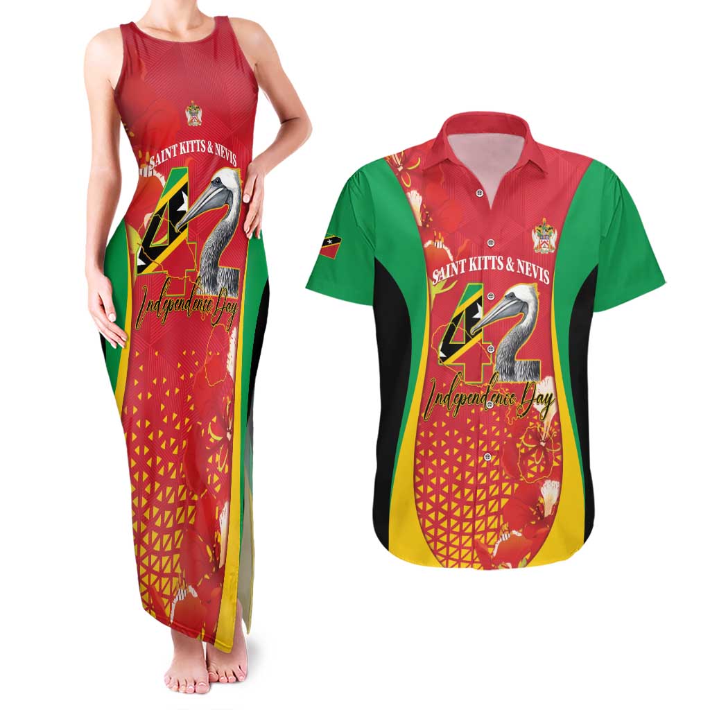 Personalized Saint Kitts and Nevis Couples Matching Tank Maxi Dress and Hawaiian Shirt Pelican 42nd Independence Anniversary - Wonder Print Shop