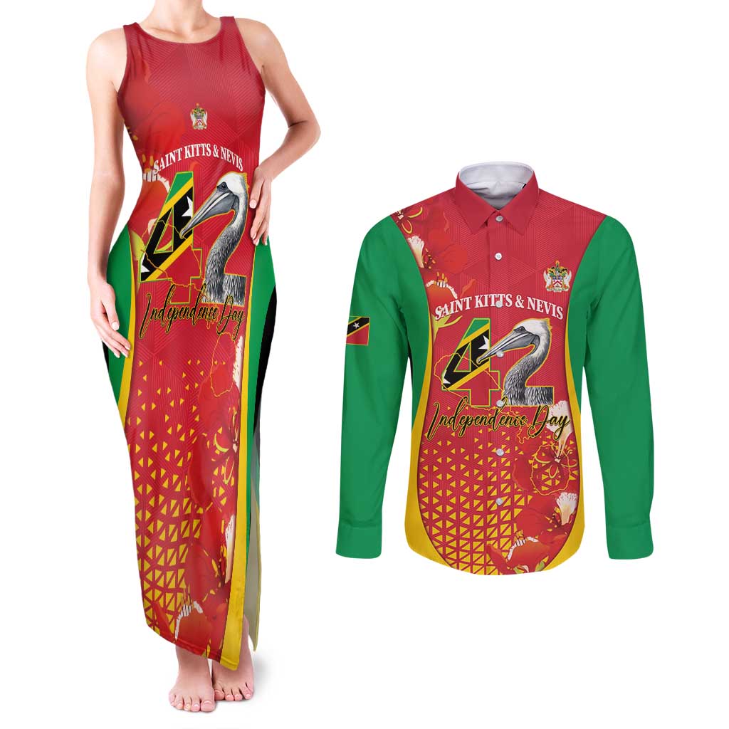 Personalized Saint Kitts and Nevis Couples Matching Tank Maxi Dress and Long Sleeve Button Shirt Pelican 42nd Independence Anniversary - Wonder Print Shop