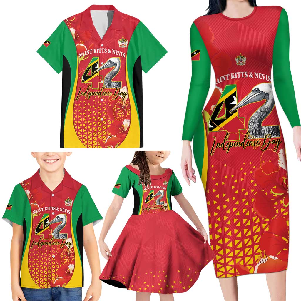 Personalized Saint Kitts and Nevis Family Matching Long Sleeve Bodycon Dress and Hawaiian Shirt Pelican 42nd Independence Anniversary - Wonder Print Shop