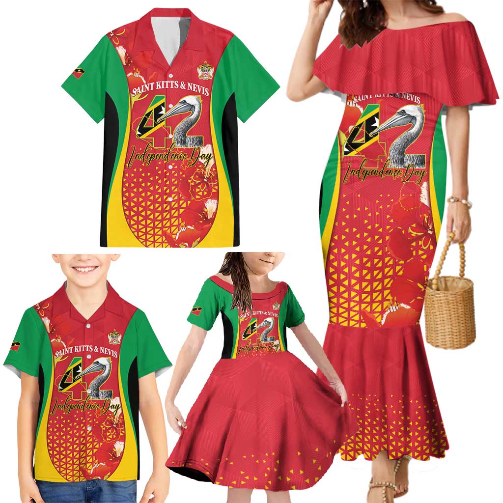 Personalized Saint Kitts and Nevis Family Matching Mermaid Dress and Hawaiian Shirt Pelican 42nd Independence Anniversary - Wonder Print Shop