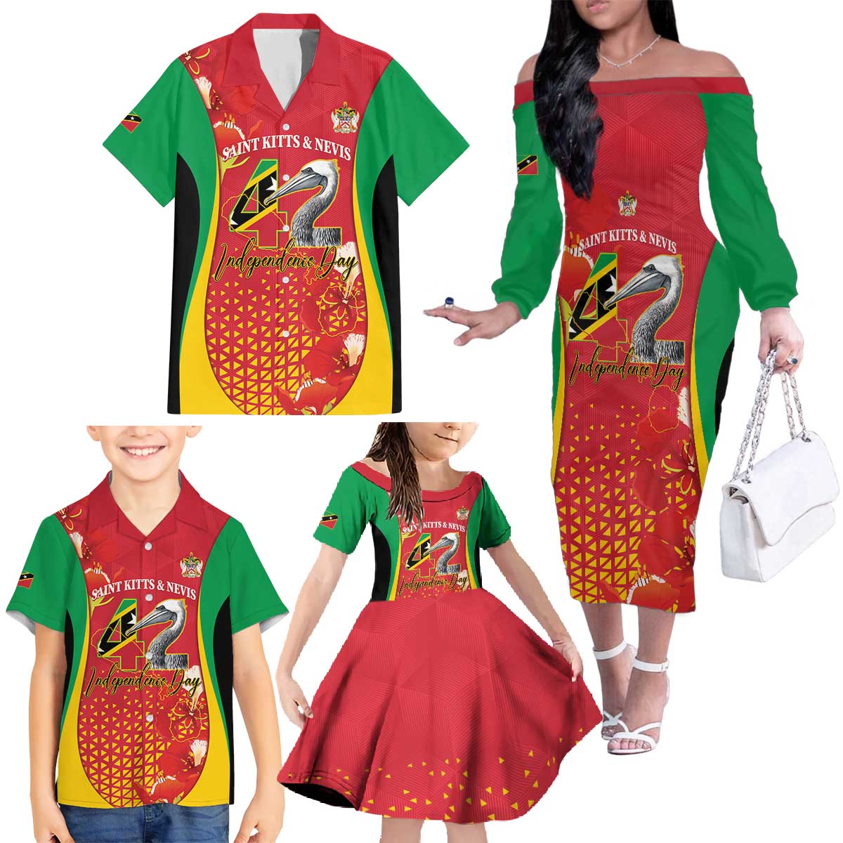 Personalized Saint Kitts and Nevis Family Matching Off The Shoulder Long Sleeve Dress and Hawaiian Shirt Pelican 42nd Independence Anniversary - Wonder Print Shop