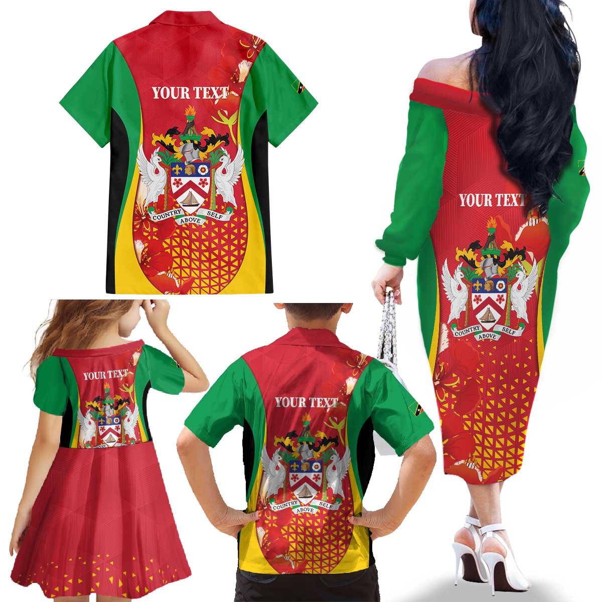 Personalized Saint Kitts and Nevis Family Matching Off The Shoulder Long Sleeve Dress and Hawaiian Shirt Pelican 42nd Independence Anniversary - Wonder Print Shop