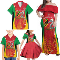 Personalized Saint Kitts and Nevis Family Matching Off Shoulder Maxi Dress and Hawaiian Shirt Pelican 42nd Independence Anniversary - Wonder Print Shop