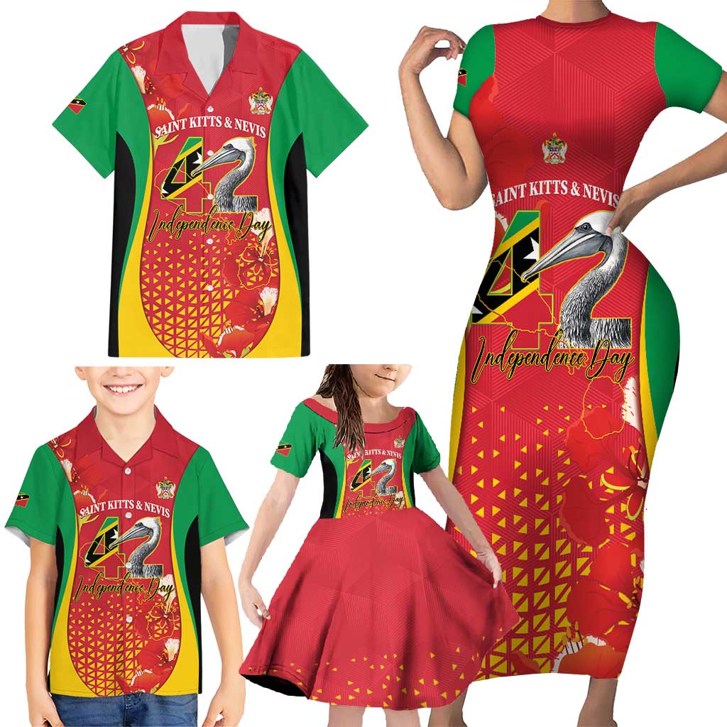 Personalized Saint Kitts and Nevis Family Matching Short Sleeve Bodycon Dress and Hawaiian Shirt Pelican 42nd Independence Anniversary - Wonder Print Shop
