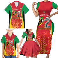 Personalized Saint Kitts and Nevis Family Matching Short Sleeve Bodycon Dress and Hawaiian Shirt Pelican 42nd Independence Anniversary - Wonder Print Shop