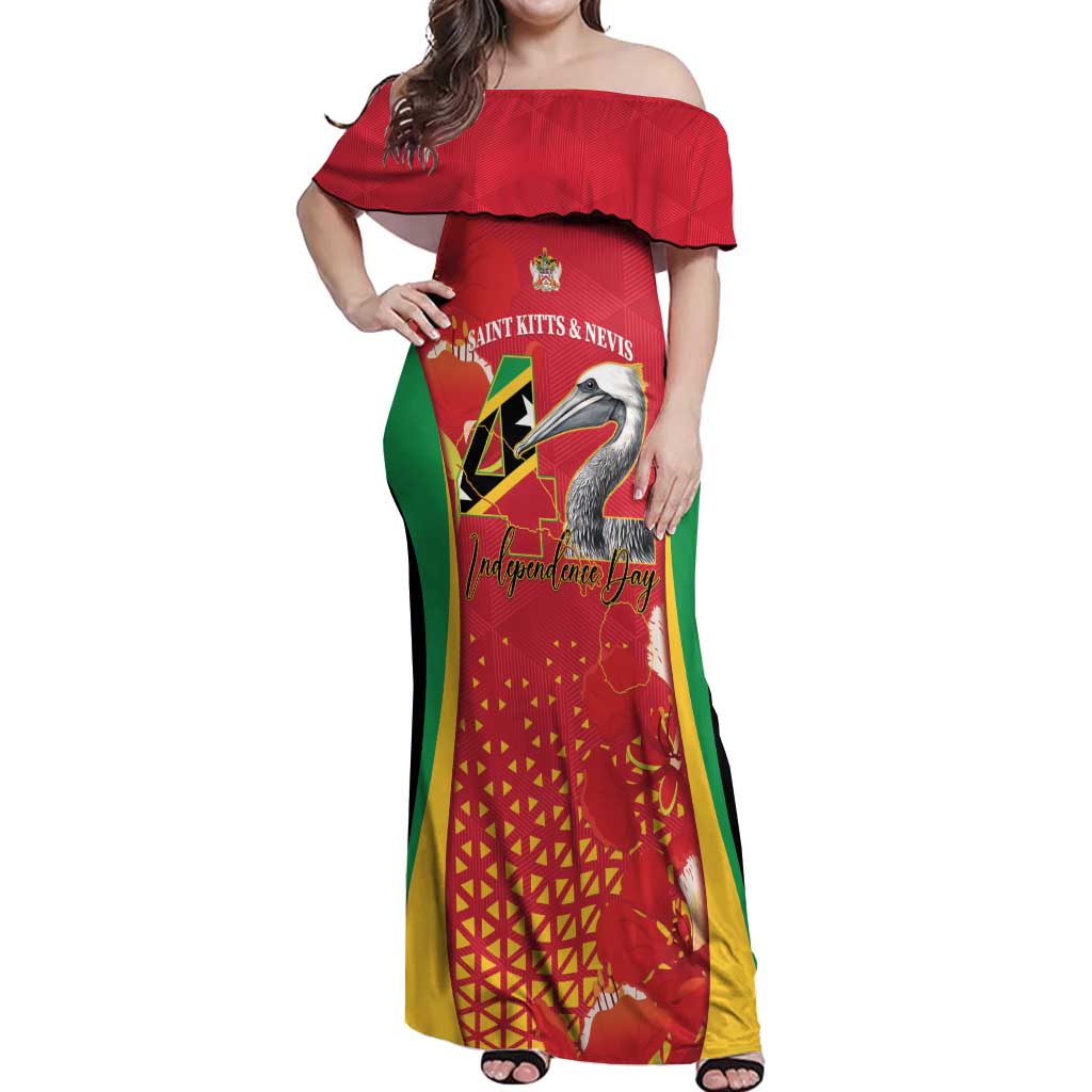 Personalized Saint Kitts and Nevis Off Shoulder Maxi Dress Pelican 42nd Independence Anniversary - Wonder Print Shop