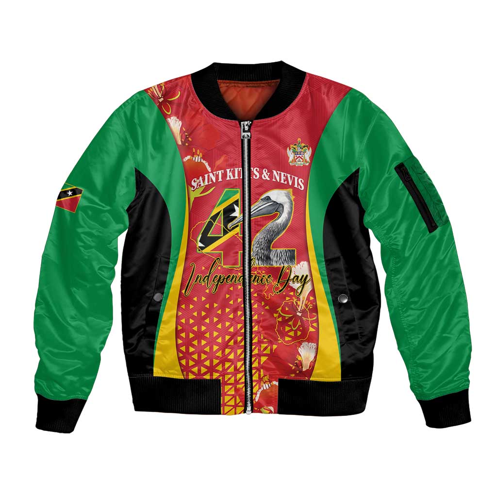 Personalized Saint Kitts and Nevis Sleeve Zip Bomber Jacket Pelican 42nd Independence Anniversary - Wonder Print Shop