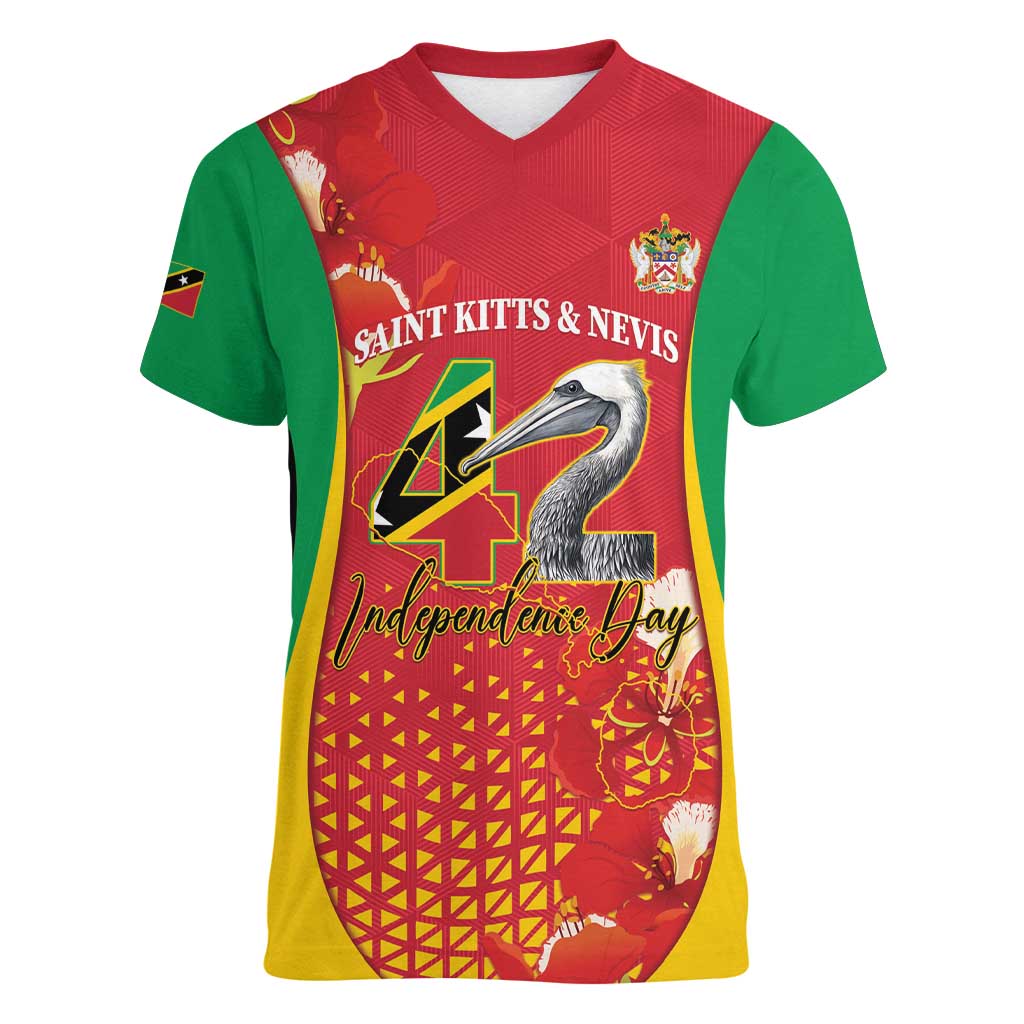 Personalized Saint Kitts and Nevis Women V-Neck T-Shirt Pelican 42nd Independence Anniversary - Wonder Print Shop