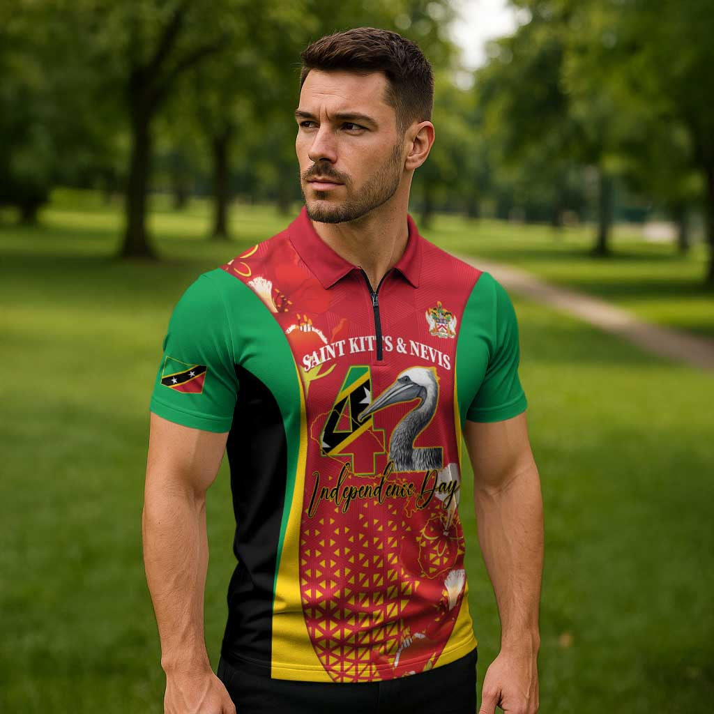Personalized Saint Kitts and Nevis Zipper Polo Shirt Pelican 42nd Independence Anniversary - Wonder Print Shop