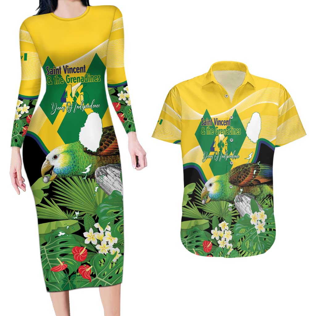 Personalized Saint Vincent and the Grenadines Couples Matching Long Sleeve Bodycon Dress and Hawaiian Shirt Amazona Guildingii 46 Years Of Independence - Wonder Print Shop