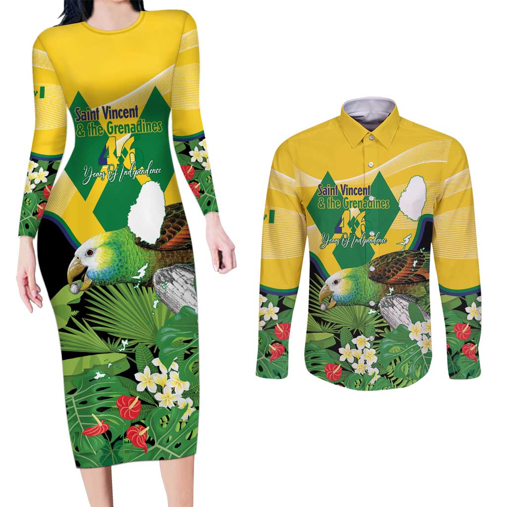 Personalized Saint Vincent and the Grenadines Couples Matching Long Sleeve Bodycon Dress and Long Sleeve Button Shirt Amazona Guildingii 46 Years Of Independence - Wonder Print Shop