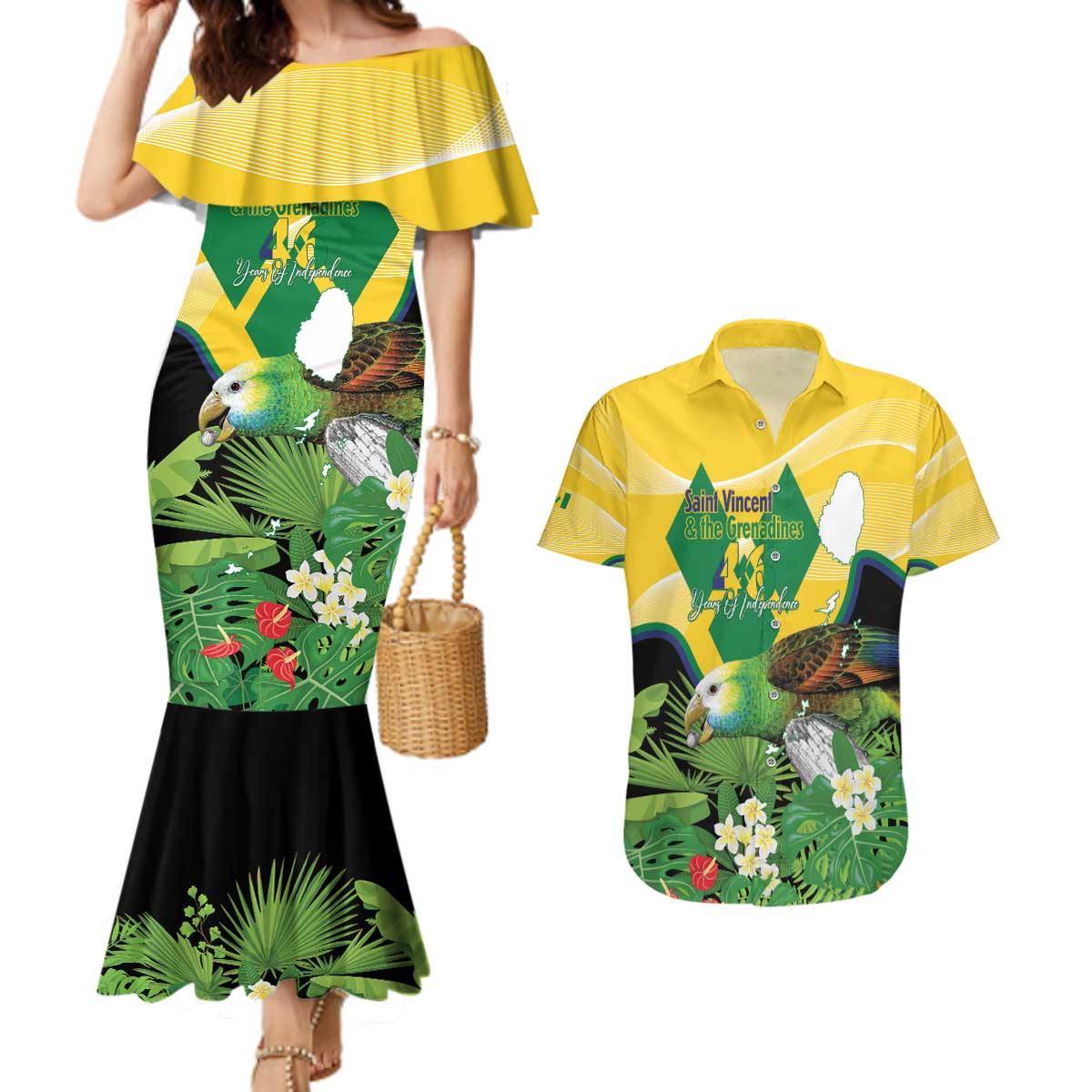 Personalized Saint Vincent and the Grenadines Couples Matching Mermaid Dress and Hawaiian Shirt Amazona Guildingii 46 Years Of Independence - Wonder Print Shop