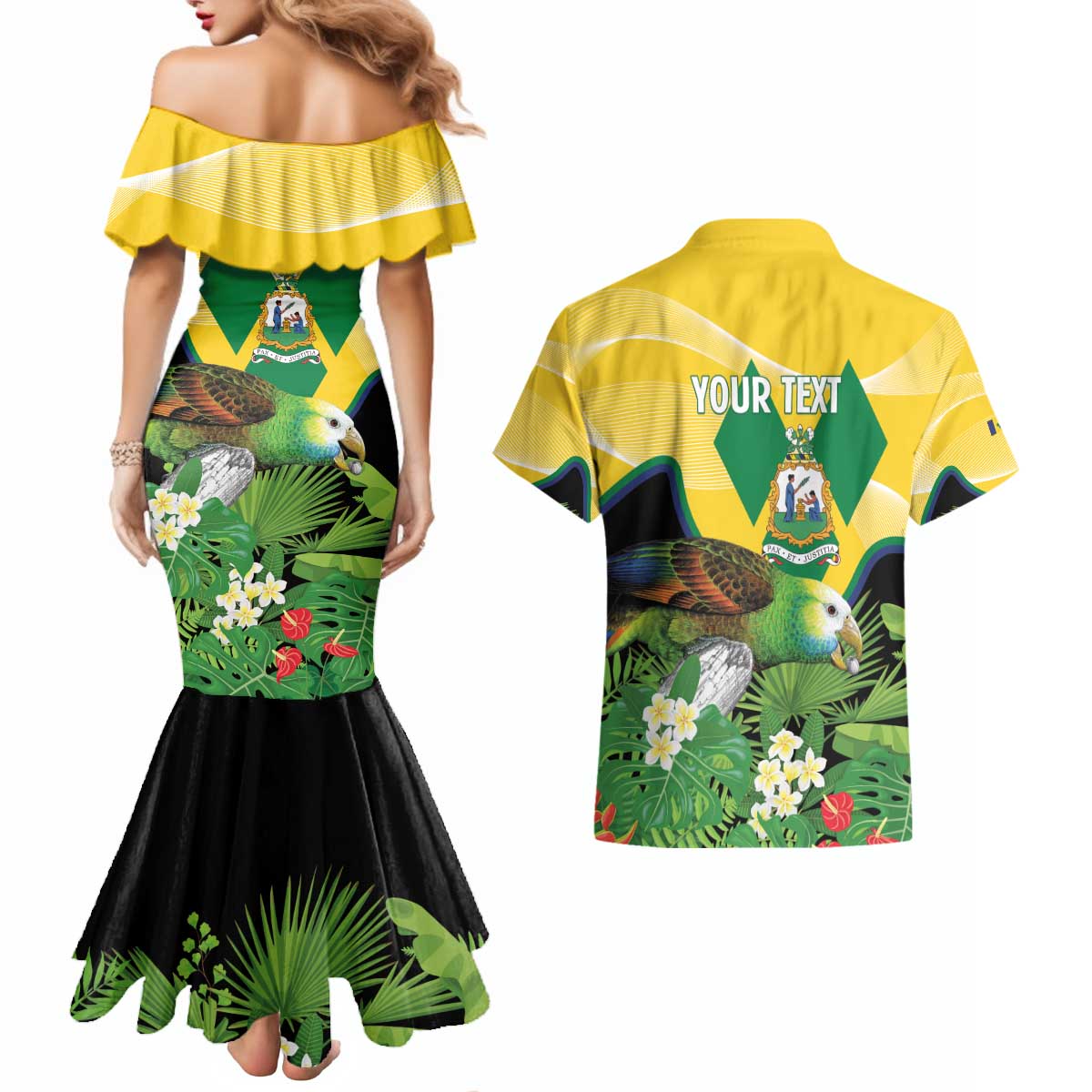 Personalized Saint Vincent and the Grenadines Couples Matching Mermaid Dress and Hawaiian Shirt Amazona Guildingii 46 Years Of Independence - Wonder Print Shop