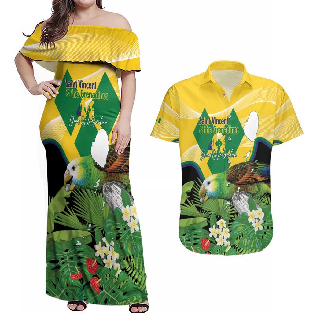 Personalized Saint Vincent and the Grenadines Couples Matching Off Shoulder Maxi Dress and Hawaiian Shirt Amazona Guildingii 46 Years Of Independence - Wonder Print Shop