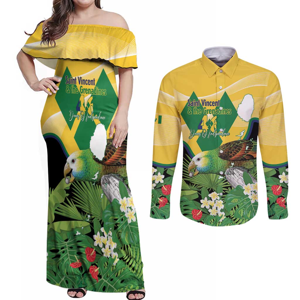 Personalized Saint Vincent and the Grenadines Couples Matching Off Shoulder Maxi Dress and Long Sleeve Button Shirt Amazona Guildingii 46 Years Of Independence - Wonder Print Shop