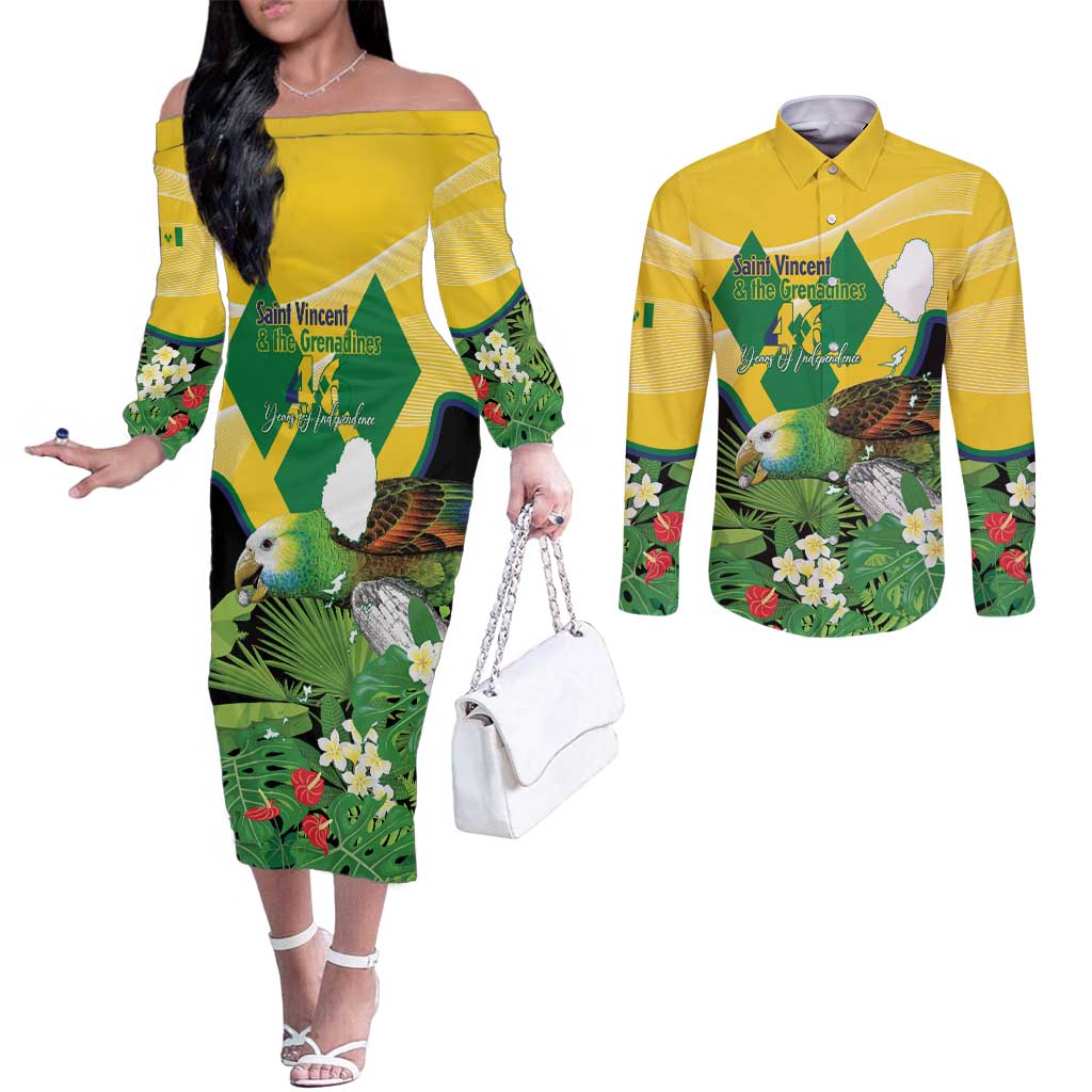 Personalized Saint Vincent and the Grenadines Couples Matching Off The Shoulder Long Sleeve Dress and Long Sleeve Button Shirt Amazona Guildingii 46 Years Of Independence - Wonder Print Shop
